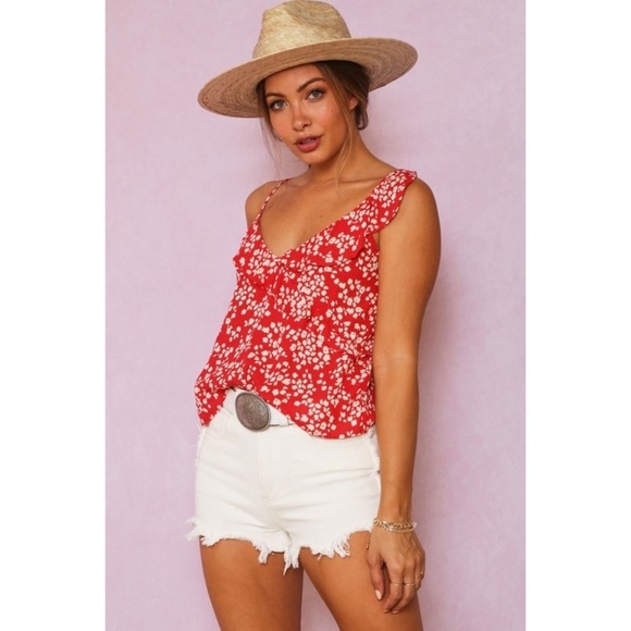 Fantastic Fawn Red Ditzy Floral Ruffle V Neck Cami Top - Picture 3 of 10